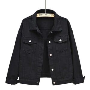 Versatile Black Denim Jacket- Relaxed Fit, Round Neck & Button Closure